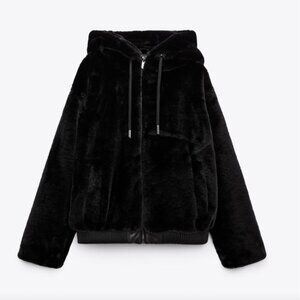 Zara Women's Black Teddy Soft Faux Fur Hooded Bomber Jacket
